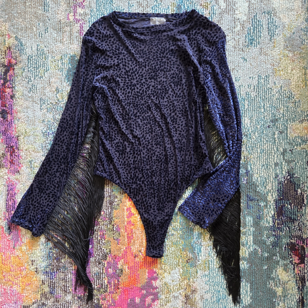 Kilo Brava Navy Velvet Floral Mesh Long Sleeve Fringe Bodysuit